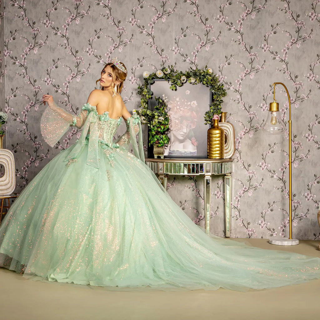 3 D Flower Jewel Sheer Bodice Mesh Ball Gown w Long Sleeves GLGL3486