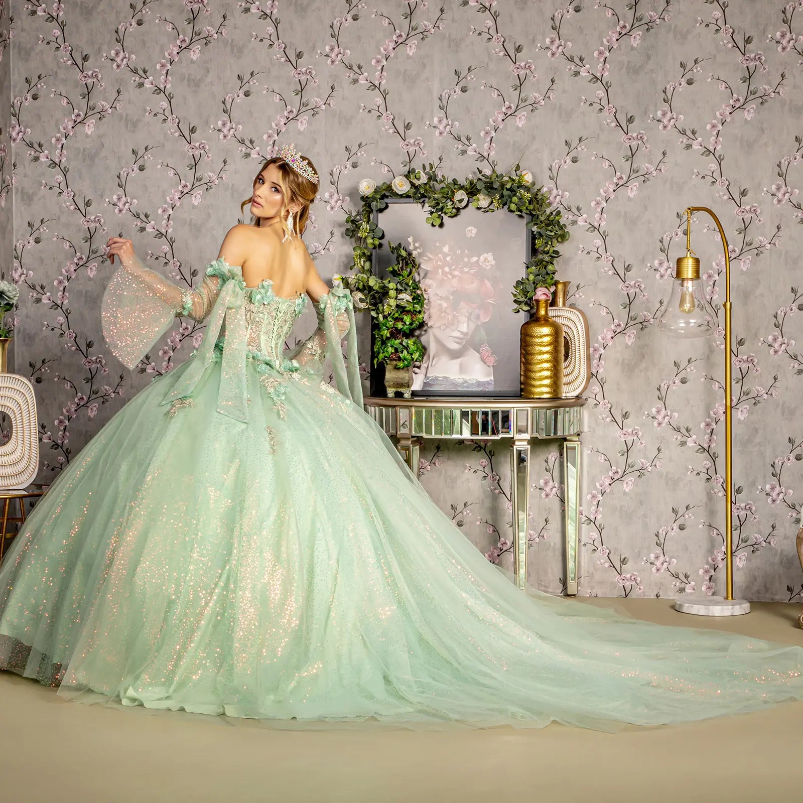 3 D Flower Jewel Sheer Bodice Mesh Ball Gown w Long Sleeves GLGL3486