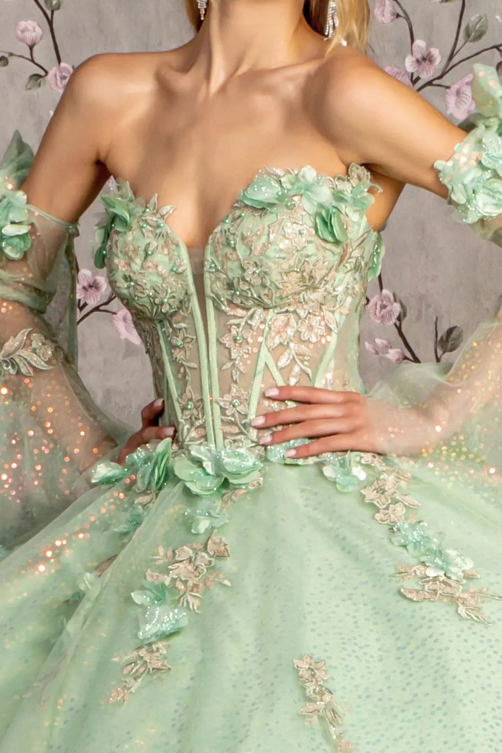 3 D Flower Jewel Sheer Bodice Mesh Ball Gown w Long Sleeves GLGL3486