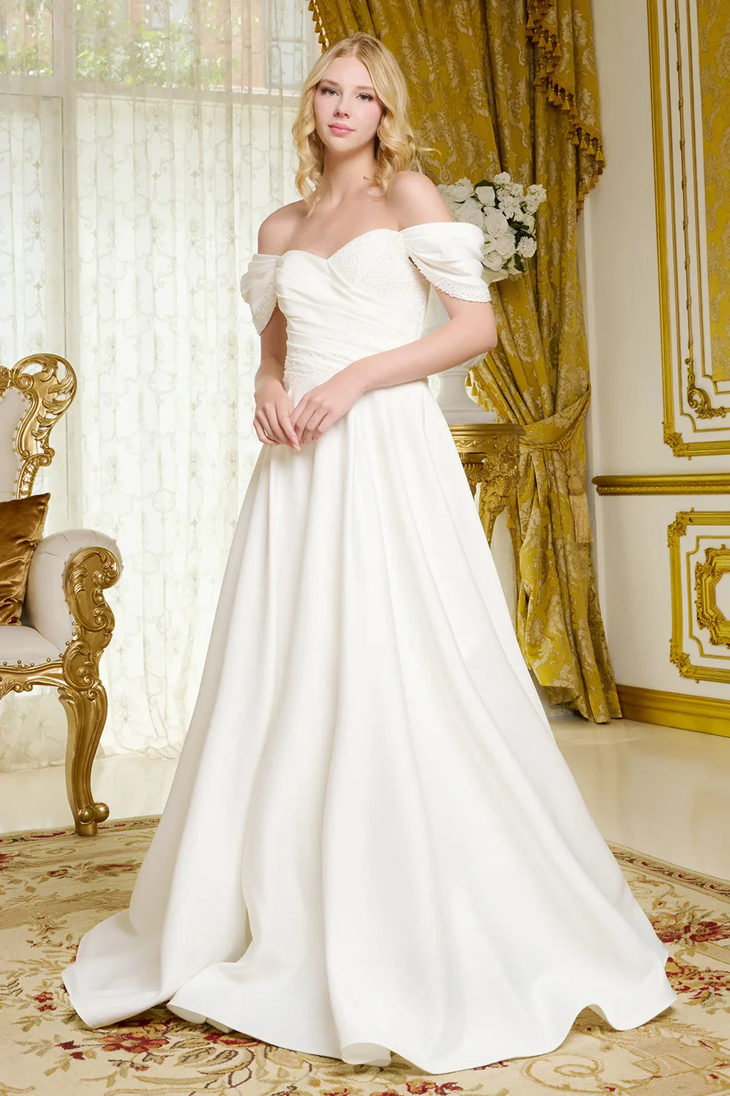 Satin Wedding Gown A Minimalist Aesthetic Off-The-Shoulder Sleeves-0