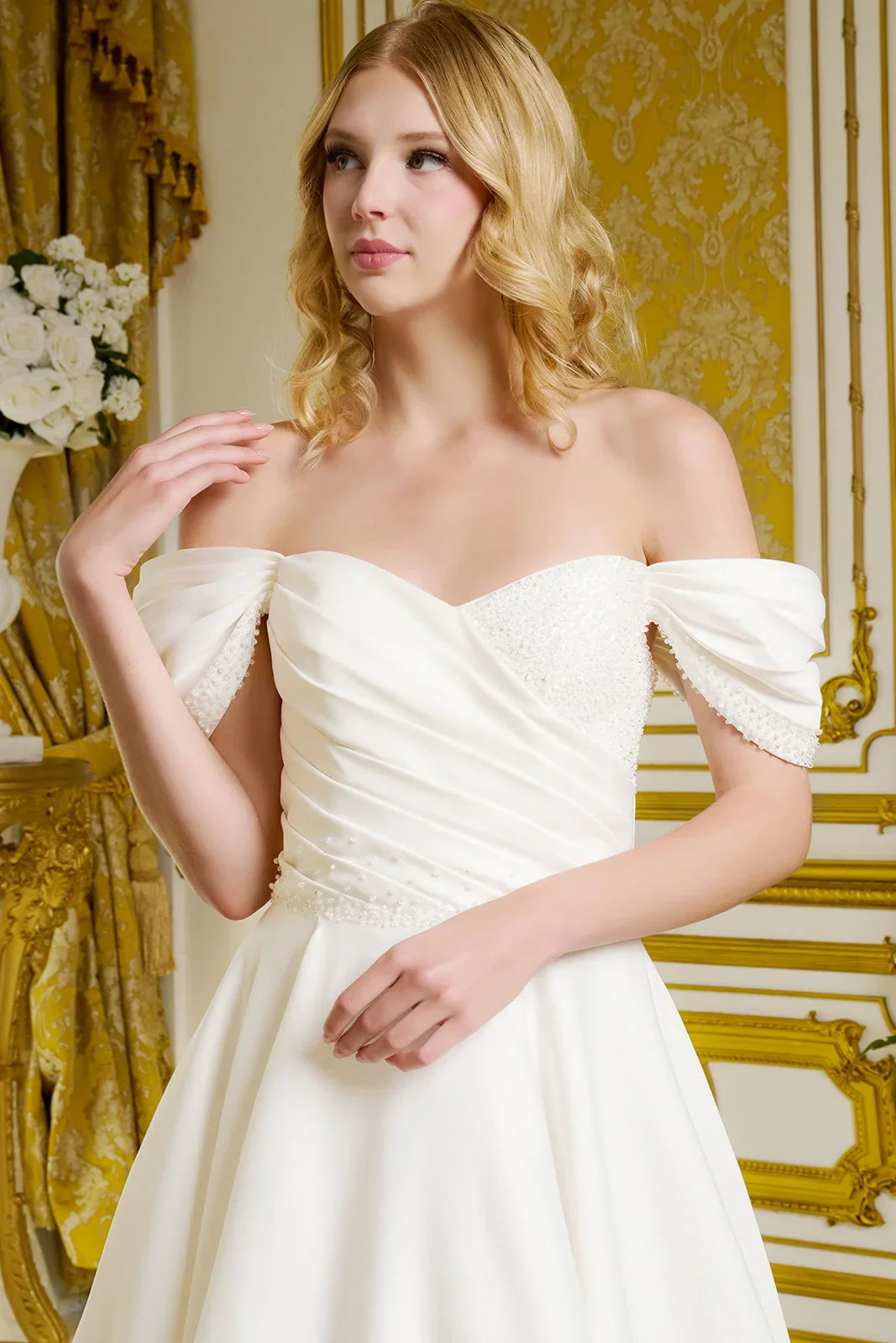 Satin Wedding Gown A Minimalist Aesthetic Off-The-Shoulder Sleeves-2