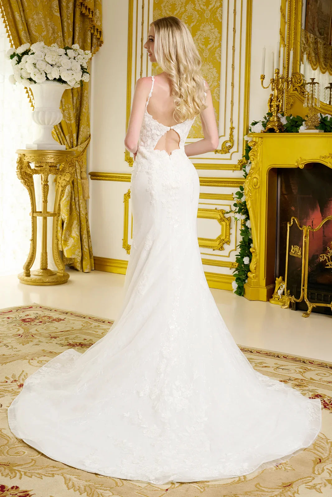 Form-Fitting Wedding Gown  Spaghetti Straps Illusion V-Neckline Bodice-1