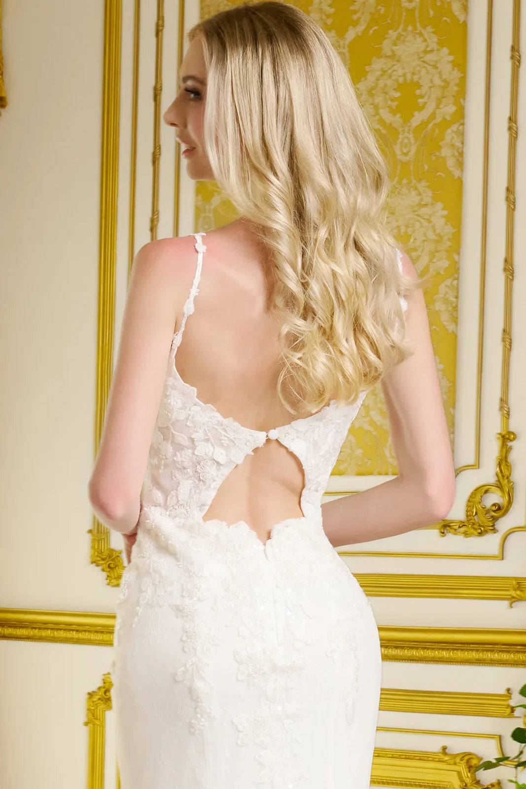 Form-Fitting Wedding Gown  Spaghetti Straps Illusion V-Neckline Bodice-2