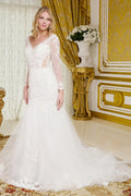 Wedding Gown, V-Neckline And Sheer Long Sleeves, With Beads, Embroidery, And Sequins.-0