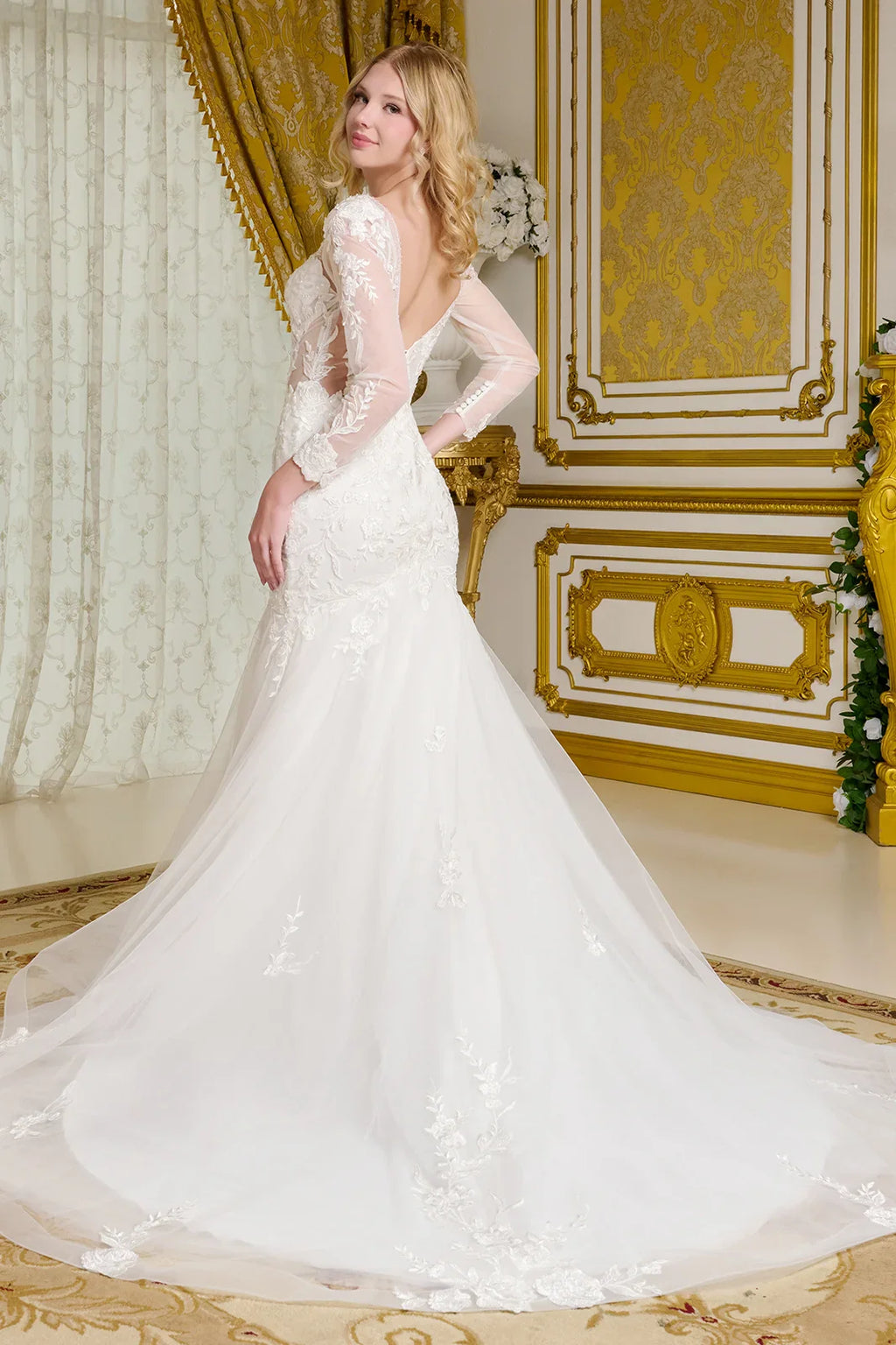 Wedding Gown, V-Neckline And Sheer Long Sleeves, With Beads, Embroidery, And Sequins.-3