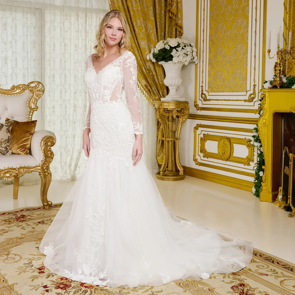 Wedding Gown, V-Neckline And Sheer Long Sleeves, With Beads, Embroidery, And Sequins.-1