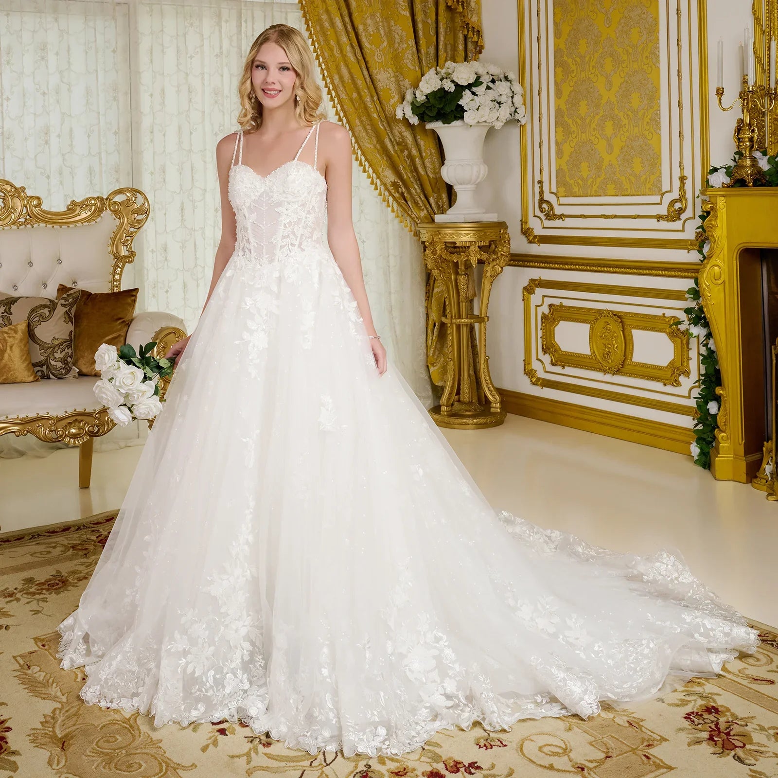 Spaghetti Straps, Sweetheart Neckline Bodice A-Line Wedding Gown-2