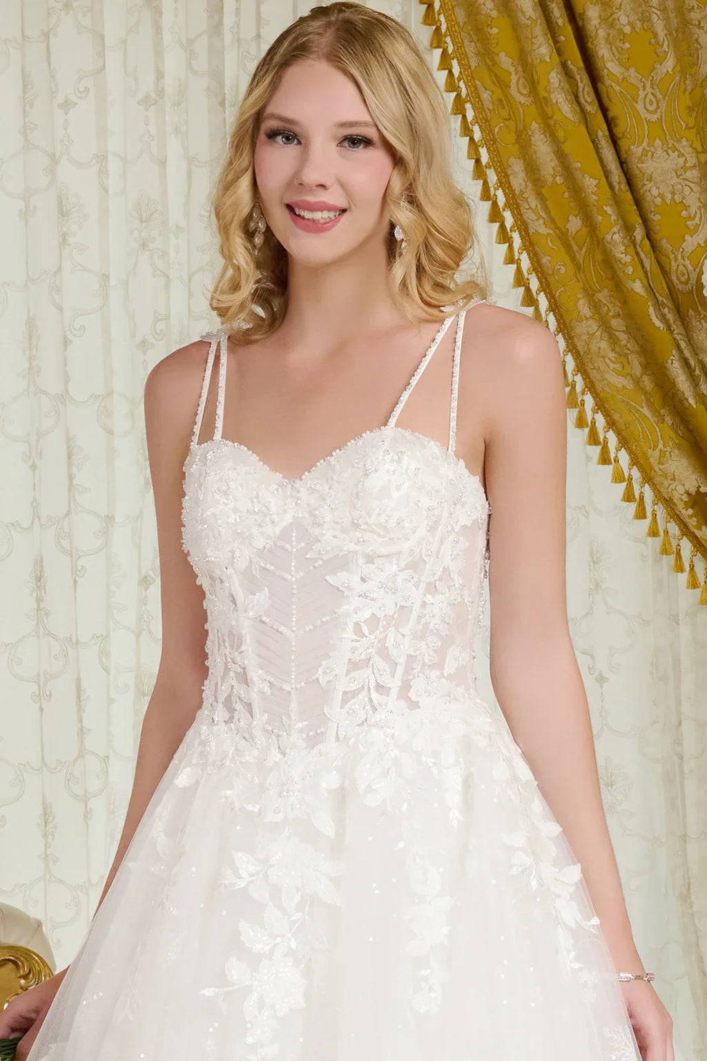 Spaghetti Straps, Sweetheart Neckline Bodice A-Line Wedding Gown-3