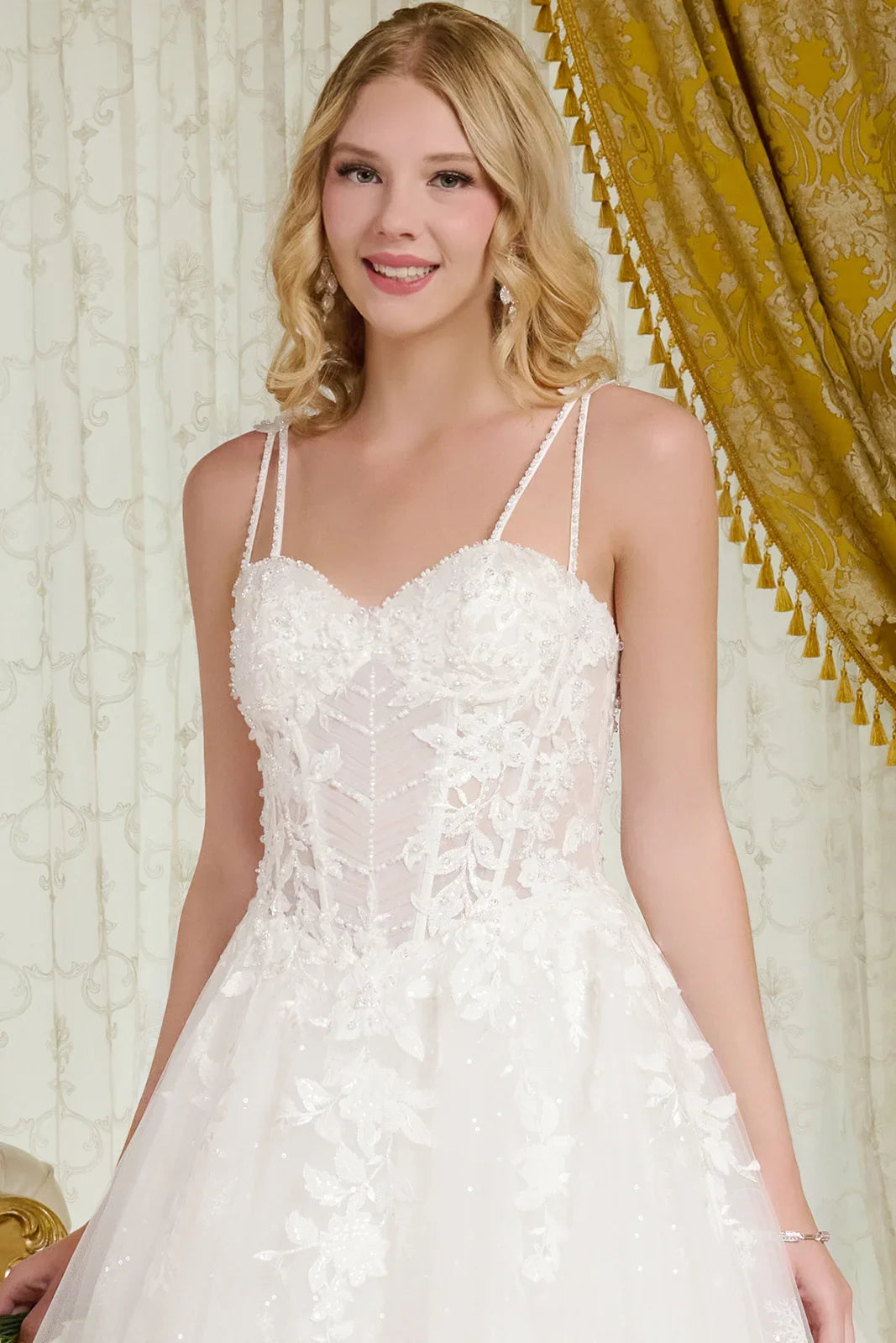 Spaghetti Straps, Sweetheart Neckline Bodice A-Line Wedding Gown-3