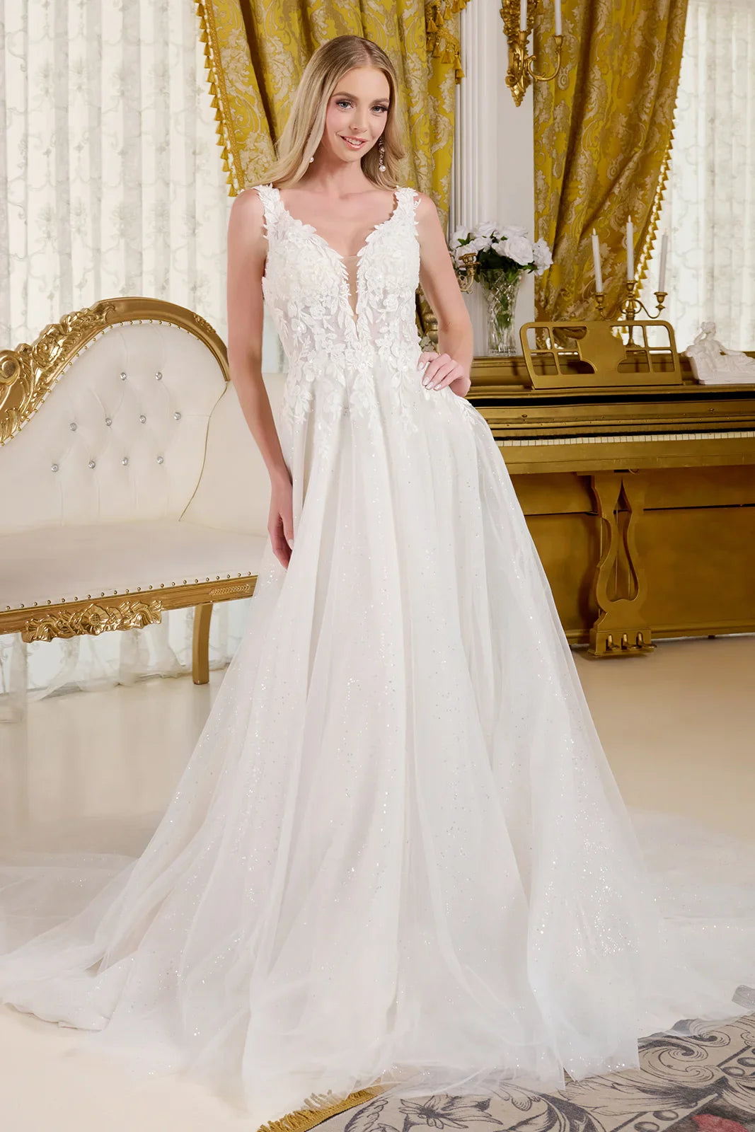 A-Line Wedding Dress, Fitted Bodice With Straps Adorned With Beads, Embroidery And Glitter-0