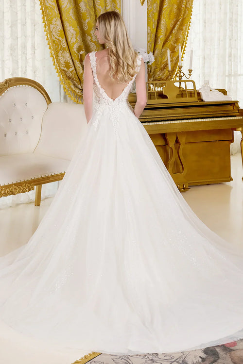 A-Line Wedding Dress, Fitted Bodice With Straps Adorned With Beads, Embroidery And Glitter-1