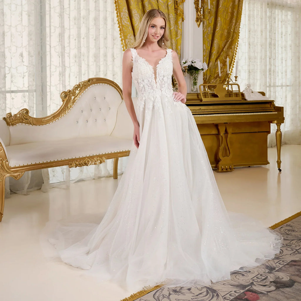 A-Line Wedding Dress, Fitted Bodice With Straps Adorned With Beads, Embroidery And Glitter-4