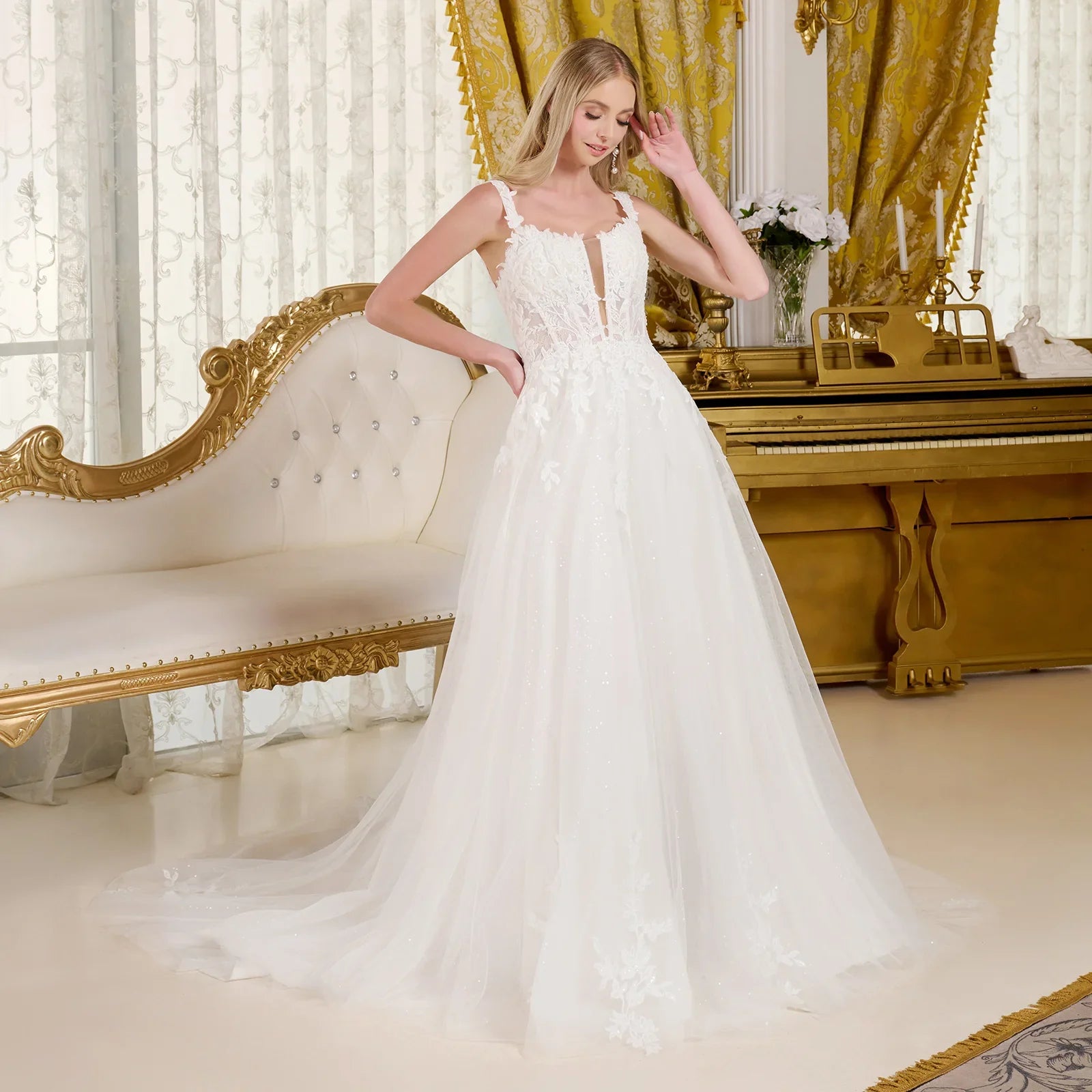 A-line wedding dress with V-neck and straps-2