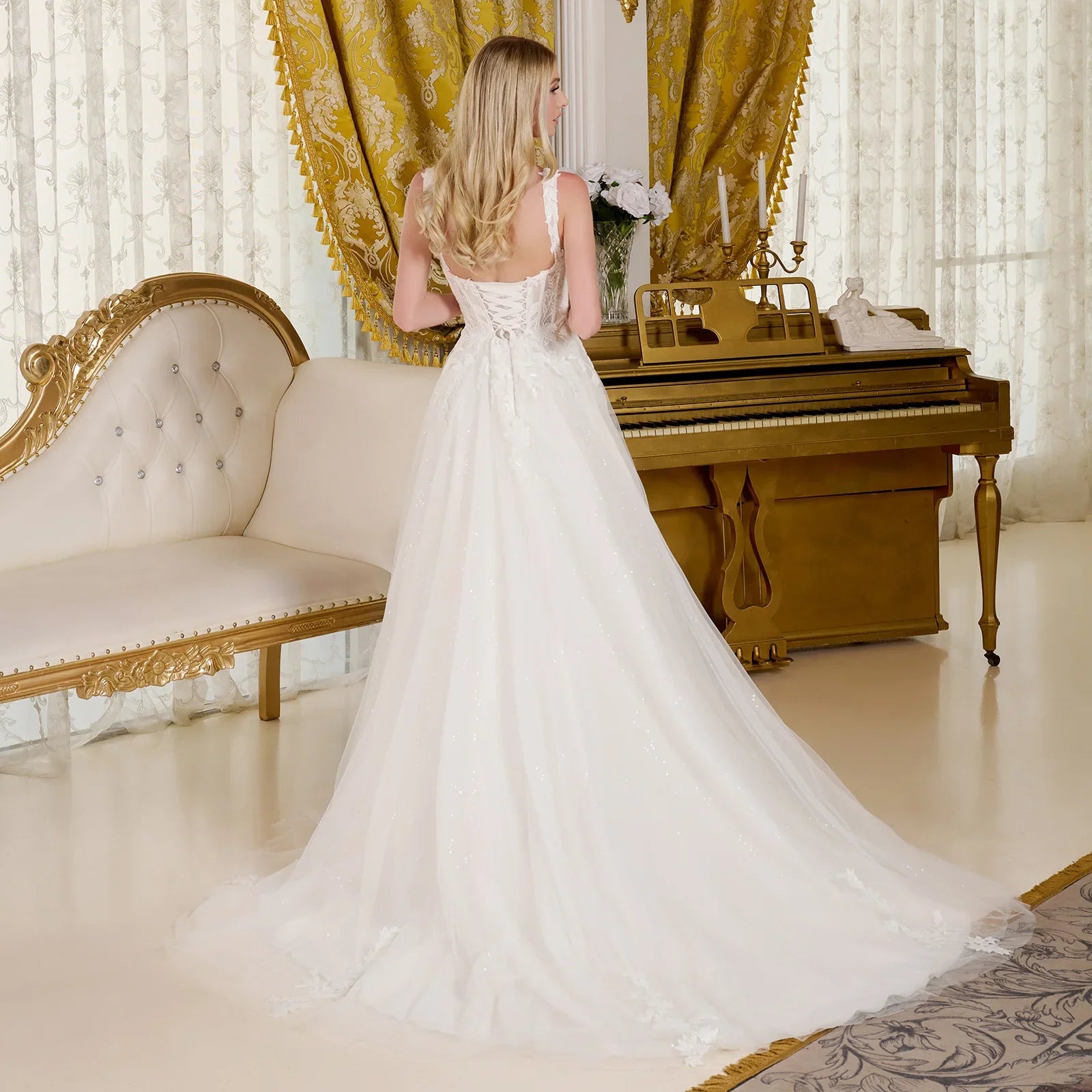 A-line wedding dress with V-neck and straps-3