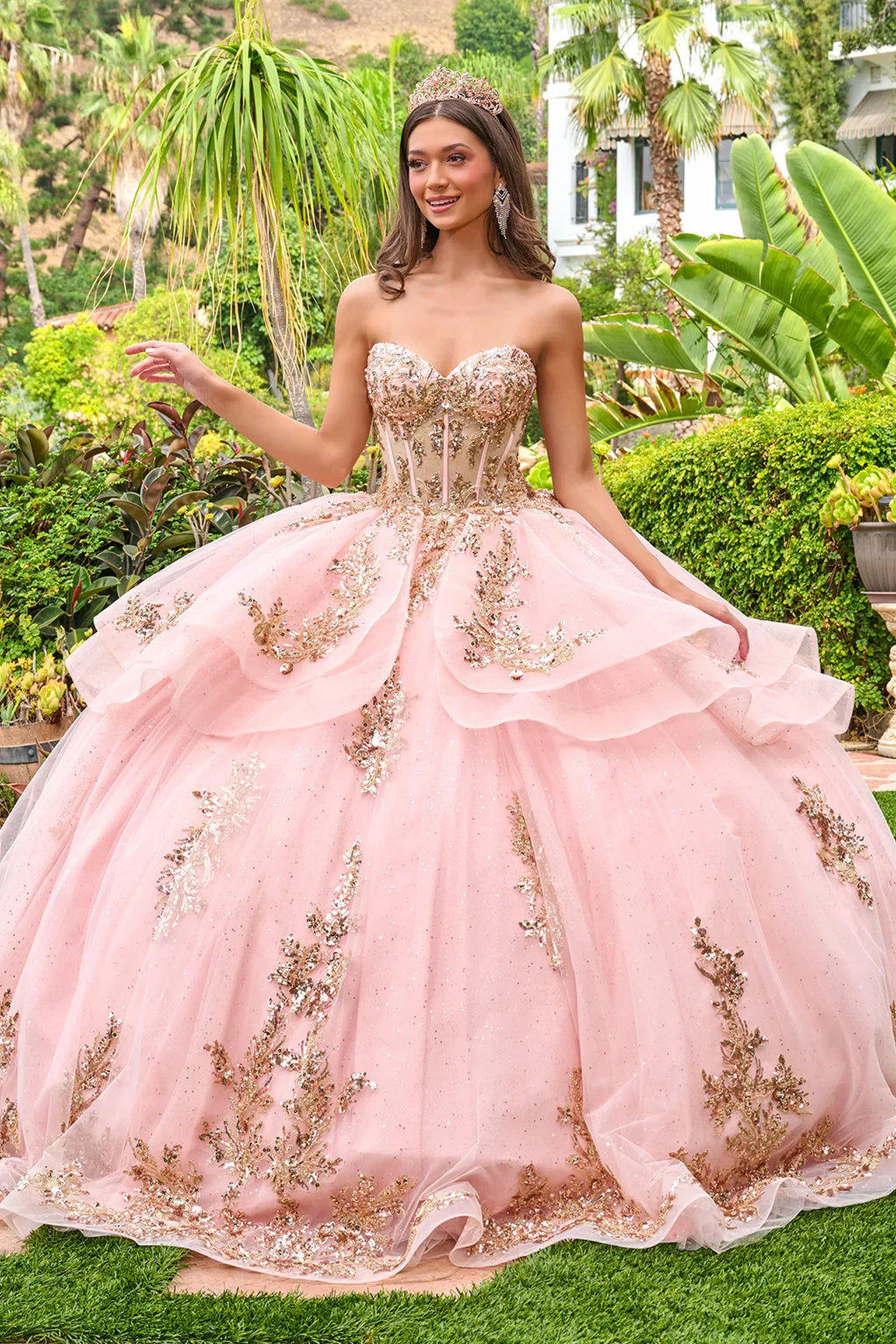 Strapless sweetheart neckline high low waist ruffle layers train ball gown with metal grommets GLGL3724
