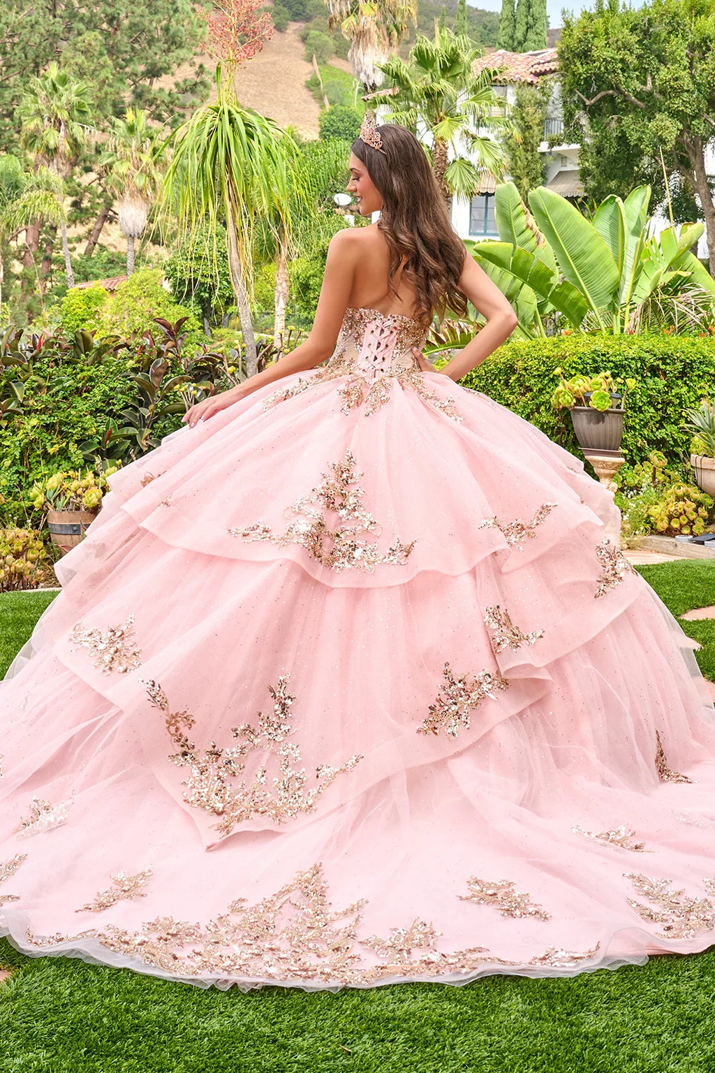 Strapless sweetheart neckline high low waist ruffle layers train ball gown with metal grommets GLGL3724