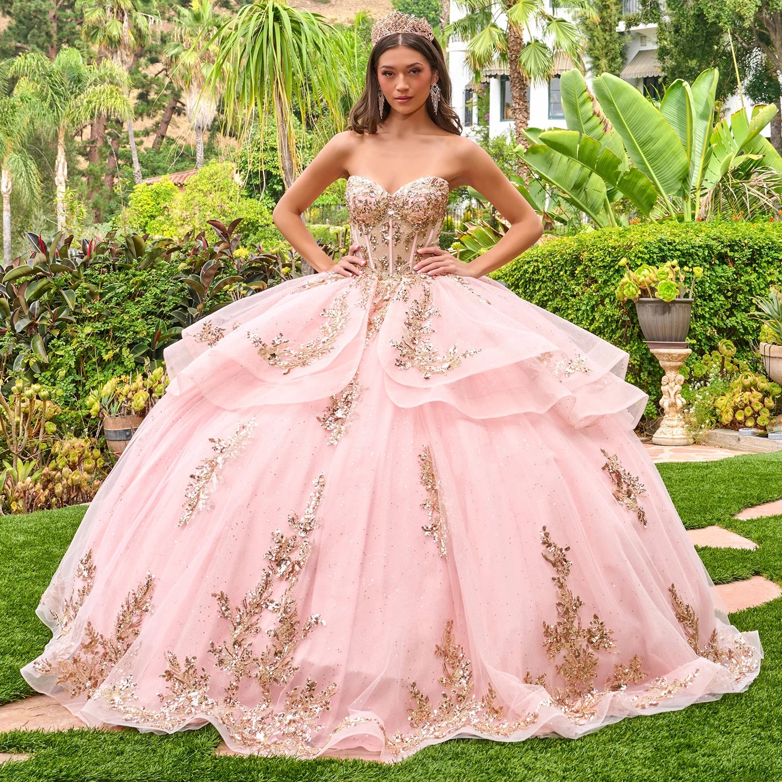 Strapless sweetheart neckline high low waist ruffle layers train ball gown with metal grommets GLGL3724