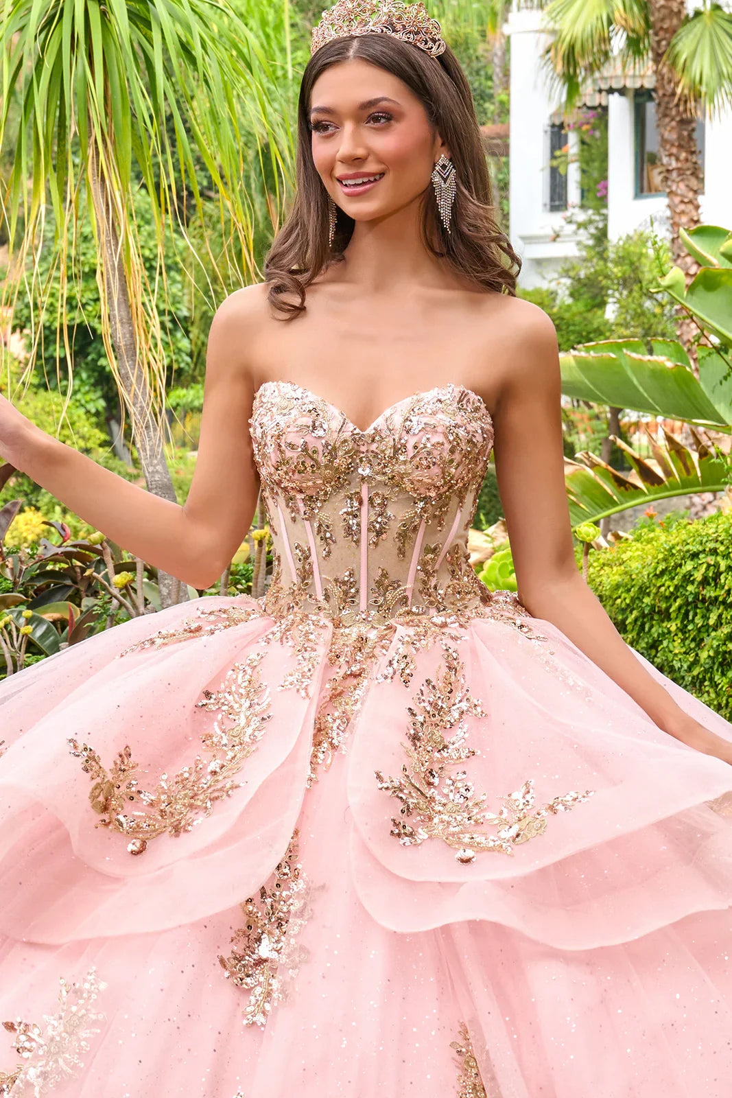 Strapless sweetheart neckline high low waist ruffle layers train ball gown with metal grommets GLGL3724
