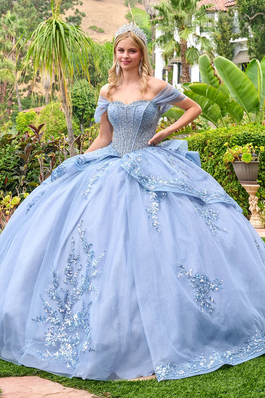 Ruched off shoulder straps corset cover bodice train ball gown overskirt with detachable bow GLGL3727