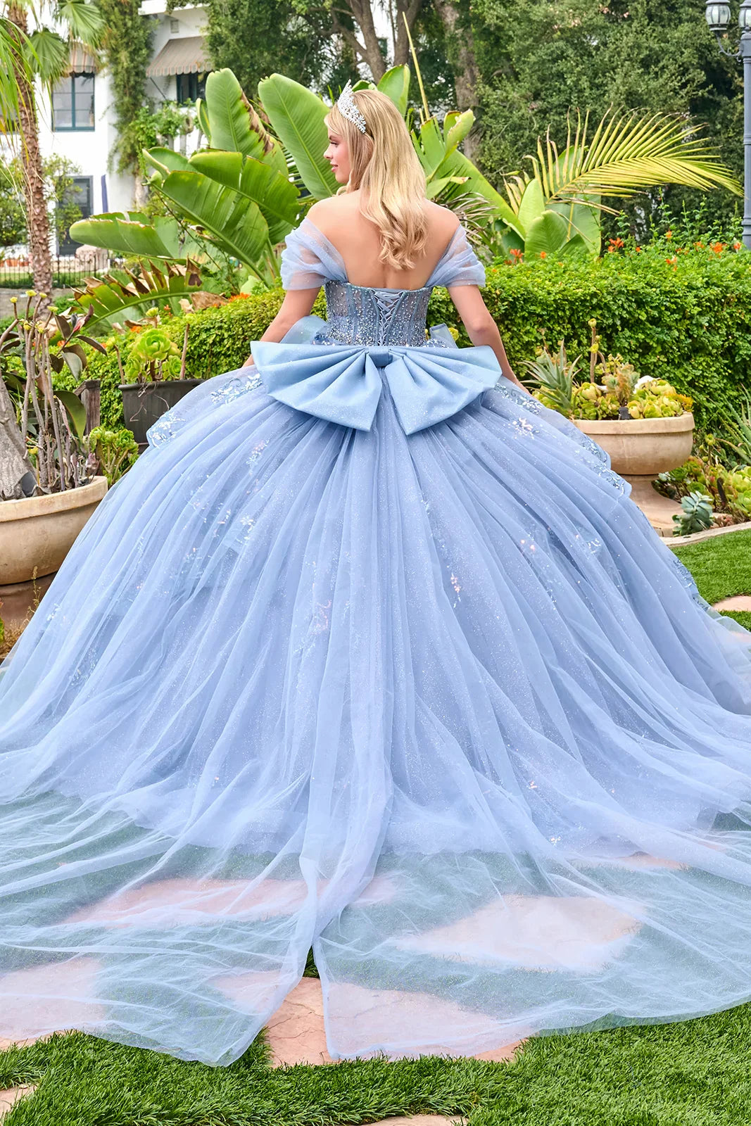 Ruched off shoulder straps corset cover bodice train ball gown overskirt with detachable bow GLGL3727