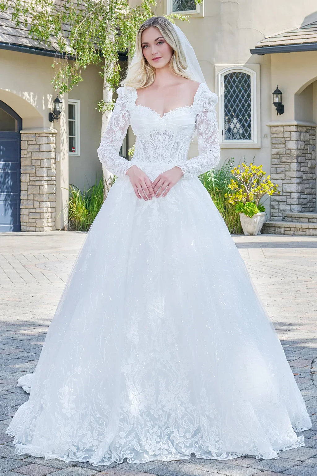 Wedding Dress With V-Neck And Corset Bodice With Long Transparent Sleeves-0