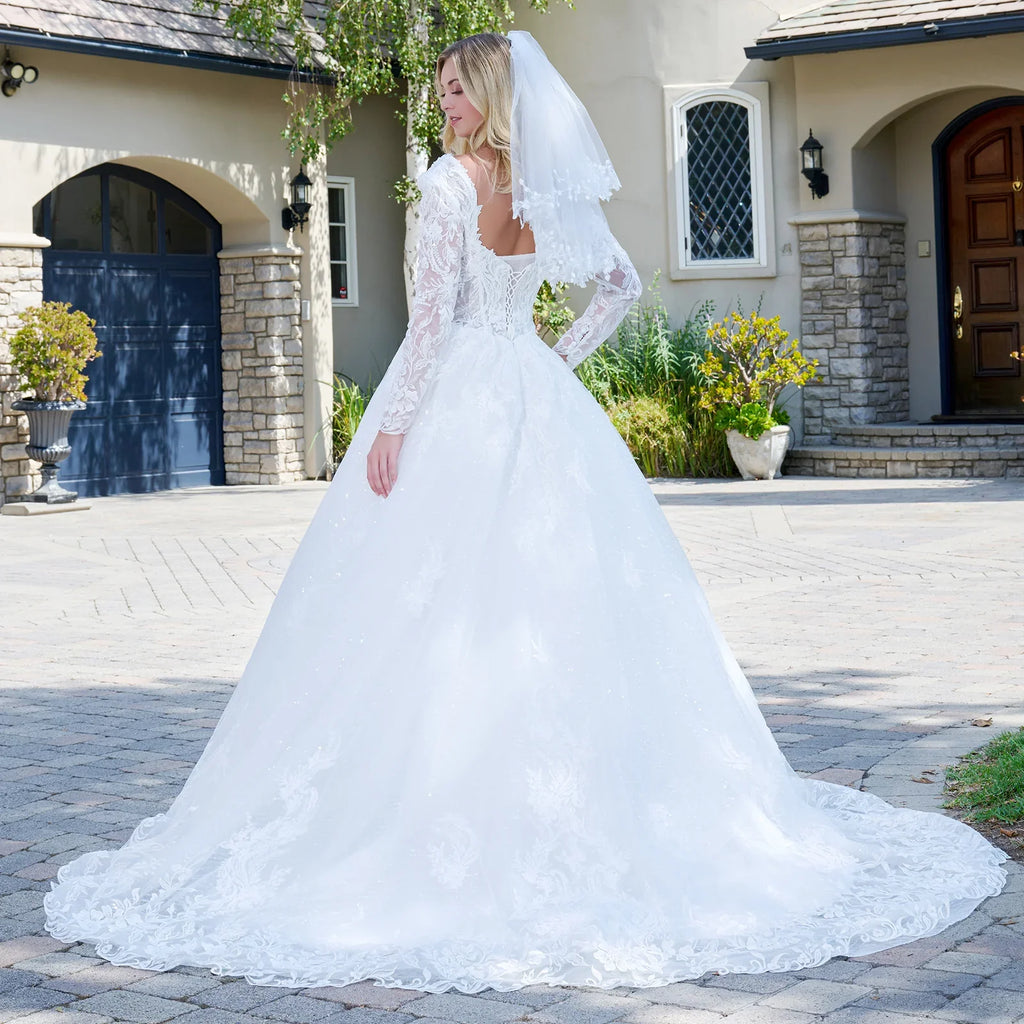 Wedding Dress With V-Neck And Corset Bodice With Long Transparent Sleeves-2