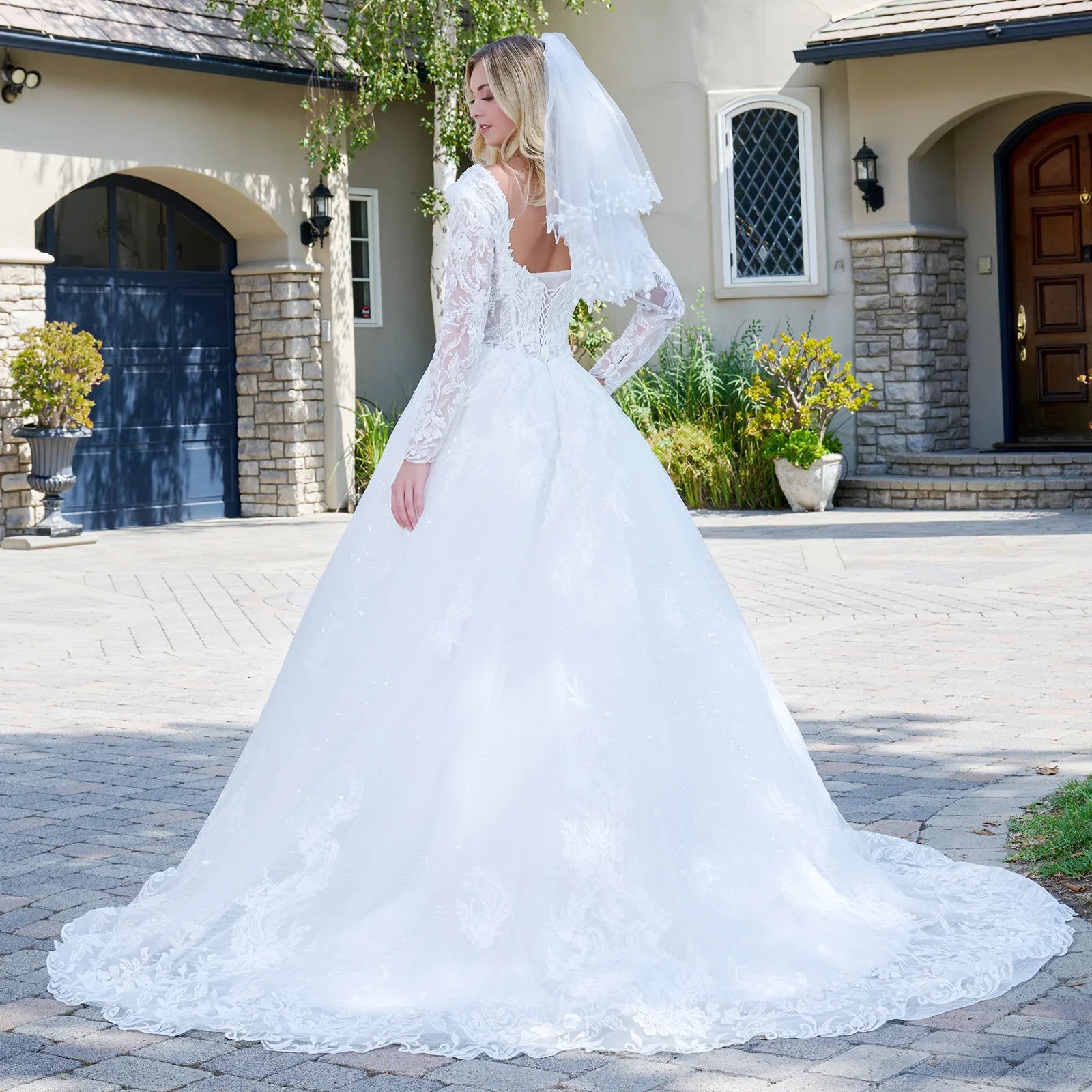 Wedding Dress With V-Neck And Corset Bodice With Long Transparent Sleeves-2