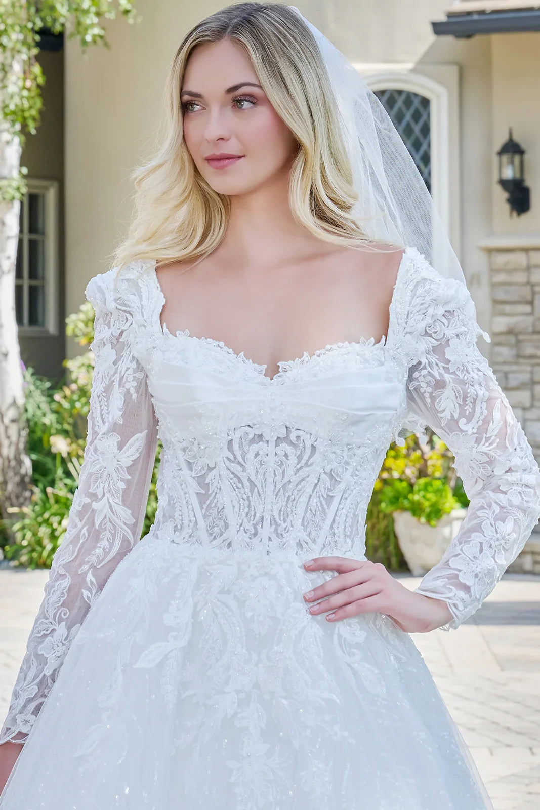Wedding Dress With V-Neck And Corset Bodice With Long Transparent Sleeves-3