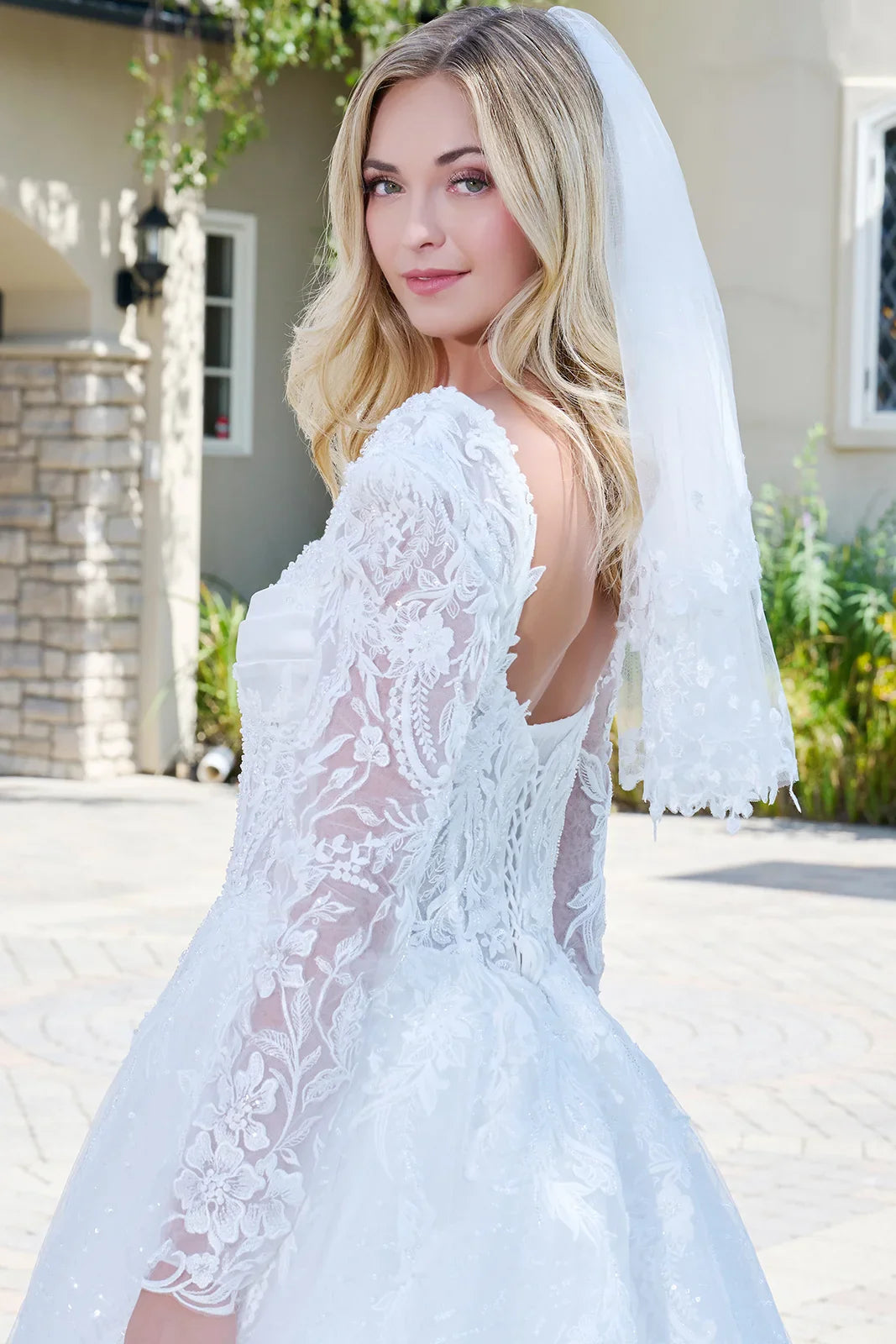 Wedding Dress With V-Neck And Corset Bodice With Long Transparent Sleeves-4