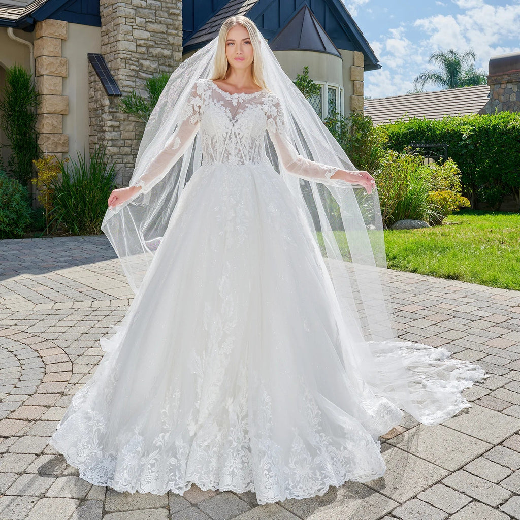 Wedding Dress Made Of Transparent Mesh, With Long Sleeves, A Round Neckline, And A Corset-Style Bodice.-2