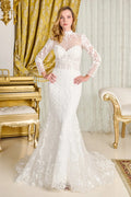 Wedding Dress With Trumpet Cut, Detachable Sheer High Neck Top And Long Sleeves-0