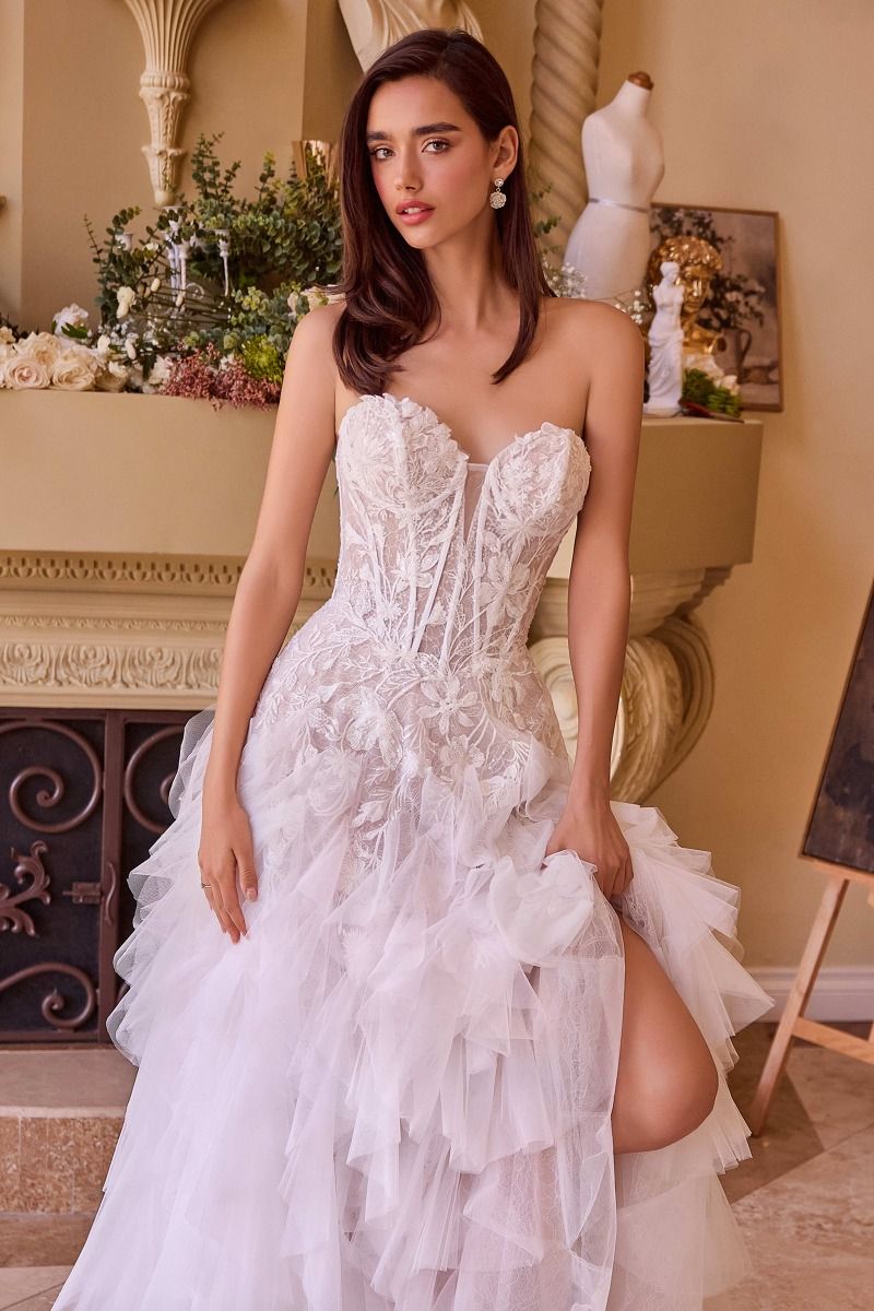 Strapless Corset Lace Wedding Gown with Layered Tulle Skirt