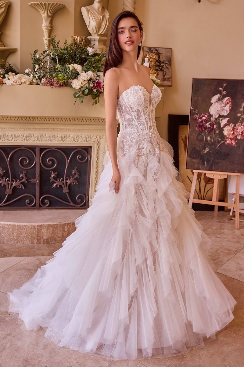 Strapless Corset Lace Wedding Gown with Layered Tulle Skirt
