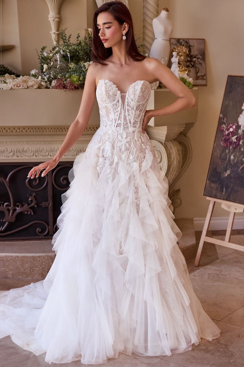 Strapless Corset Lace Wedding Gown with Layered Tulle Skirt
