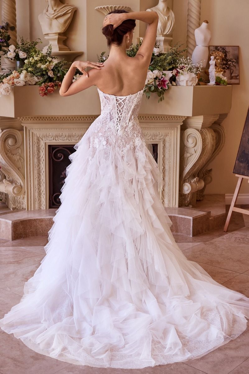 Strapless Corset Lace Wedding Gown with Layered Tulle Skirt