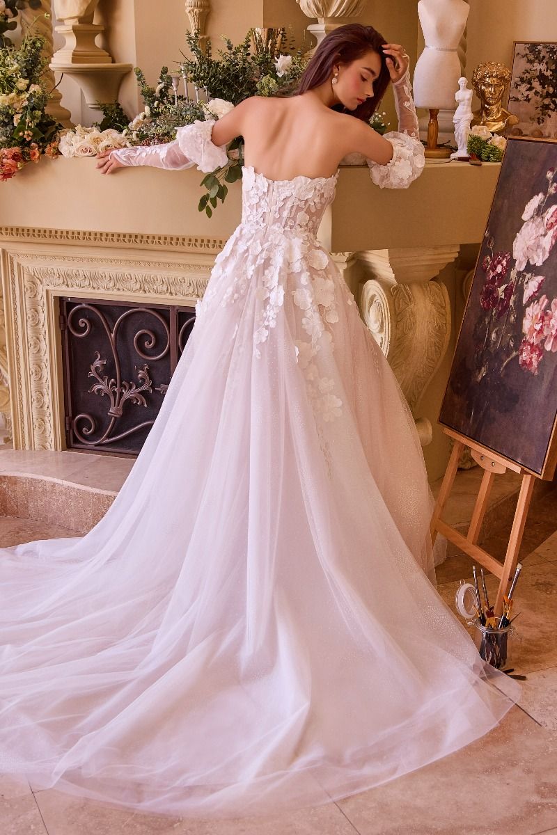 Floral Applique Adorned Strapless Wedding Gown-1