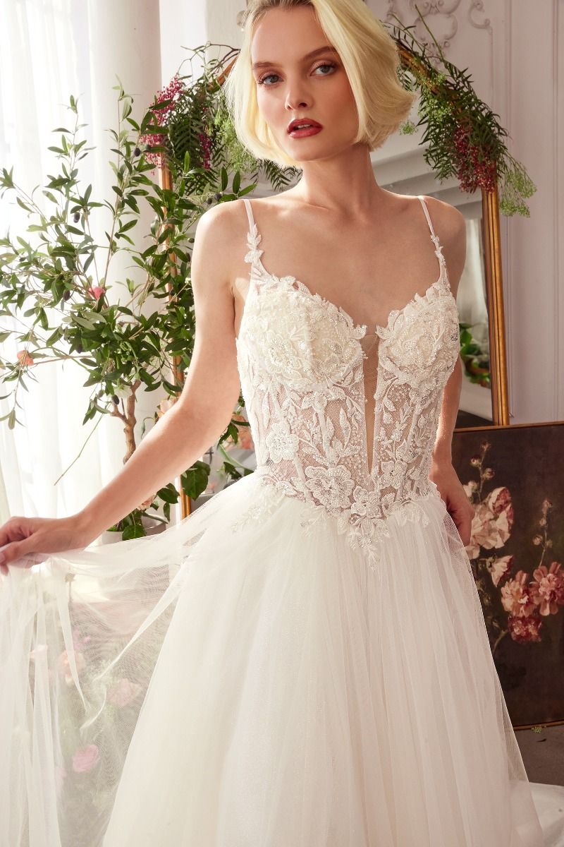Floral Lace V-Neck Bridal Ball Gown with Tulle Skirt-2