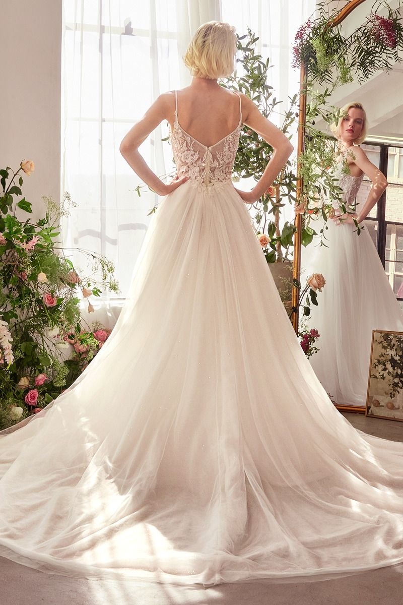 Floral Lace V-Neck Bridal Ball Gown with Tulle Skirt-1