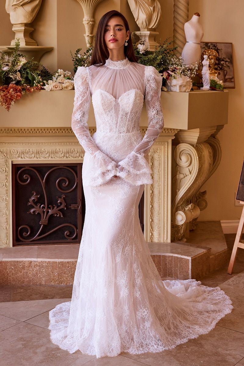Vintage-Inspired High Neck Long Sleeve Lace Wedding Gown