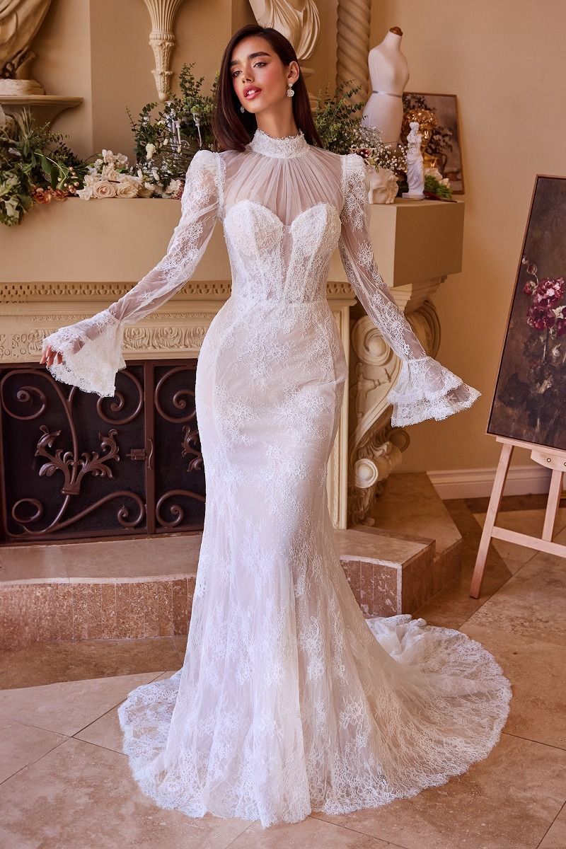 Vintage-Inspired High Neck Long Sleeve Lace Wedding Gown
