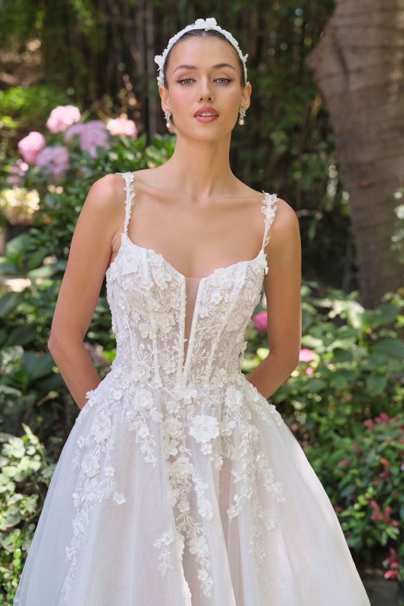 A-line wedding gown plunging illusion neckline and delicate floral straps corset bodice-2