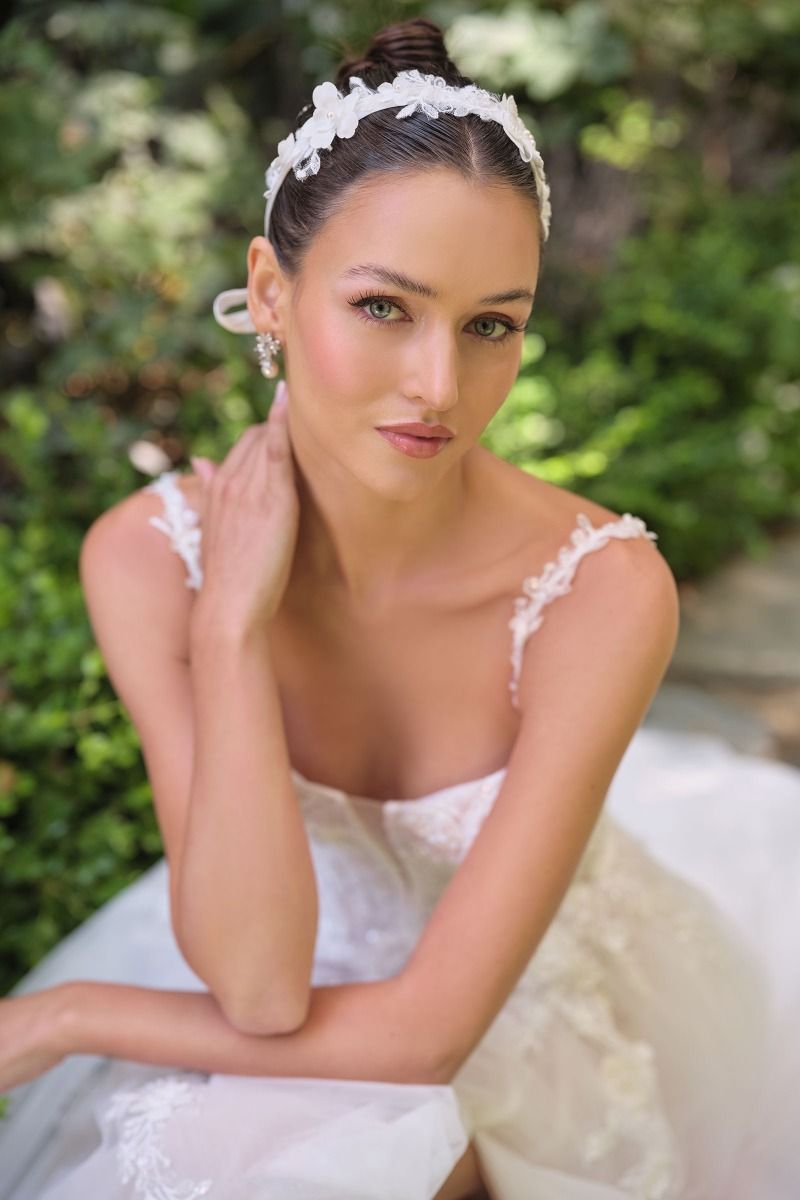 A-line wedding gown plunging illusion neckline and delicate floral straps corset bodice-3