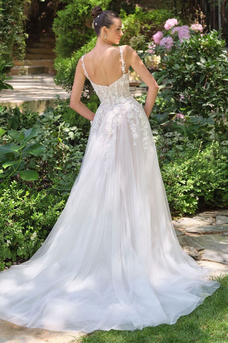 A-line wedding gown plunging illusion neckline and delicate floral straps corset bodice-1