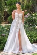 A-line wedding gown plunging illusion neckline and delicate floral straps corset bodice-0