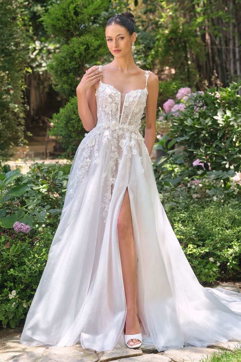 A-line wedding gown plunging illusion neckline and delicate floral straps corset bodice-0
