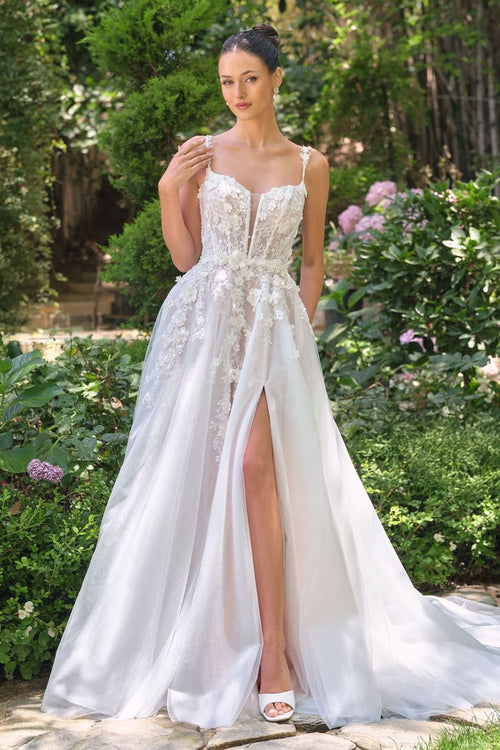 A-line wedding gown plunging illusion neckline and delicate floral straps corset bodice-0