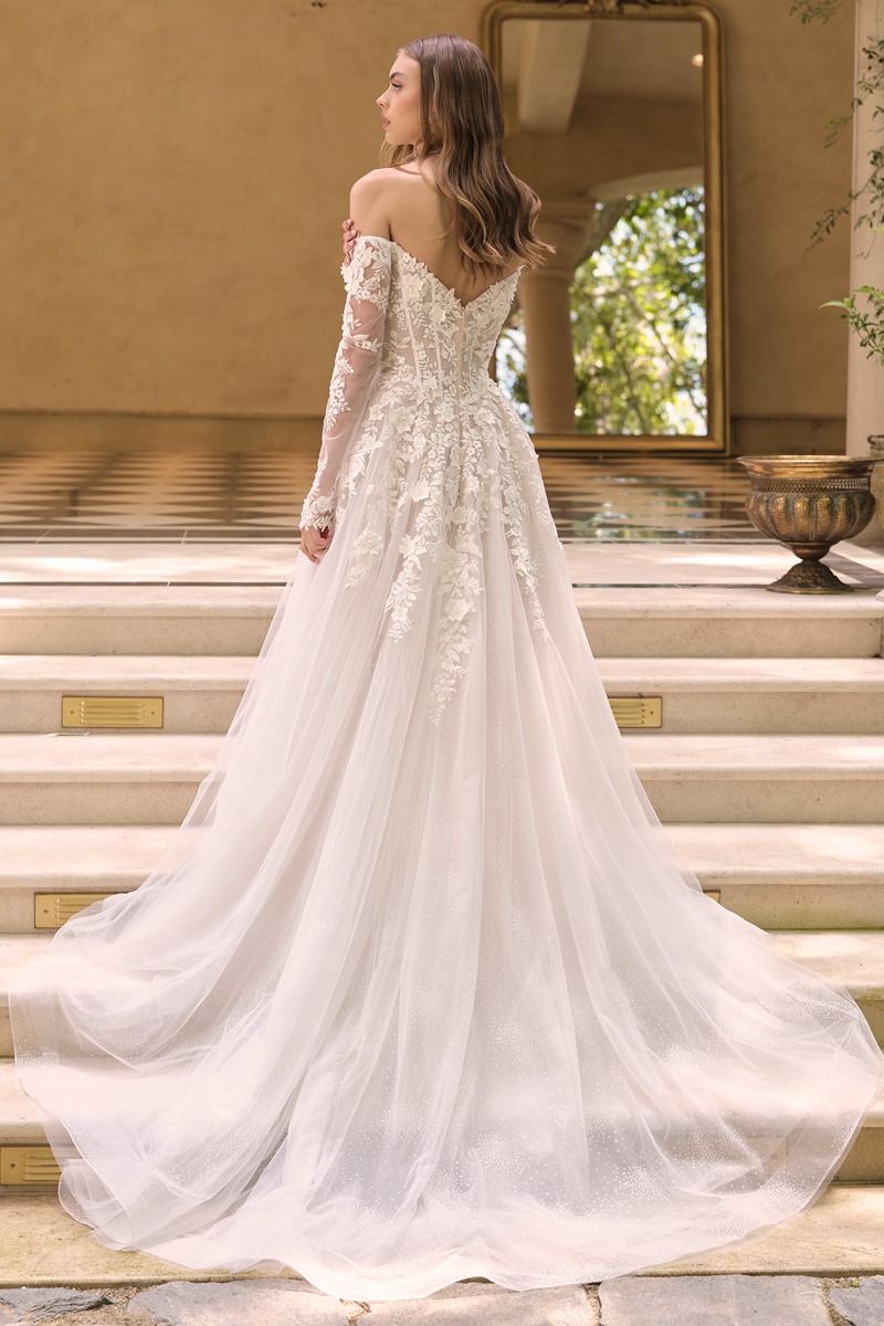 Off-The-Shoulder Neckline with Sheer Illusion Sleeves and A Corseted Bodice.-1