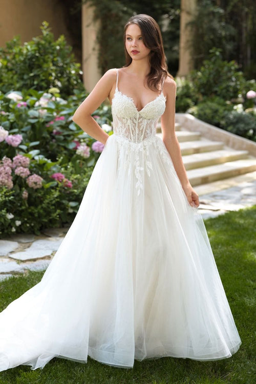 A-Line Wedding Gown A Sheer Corset Bodice With Lace Appliqué And Beaded Spaghetti Straps-0